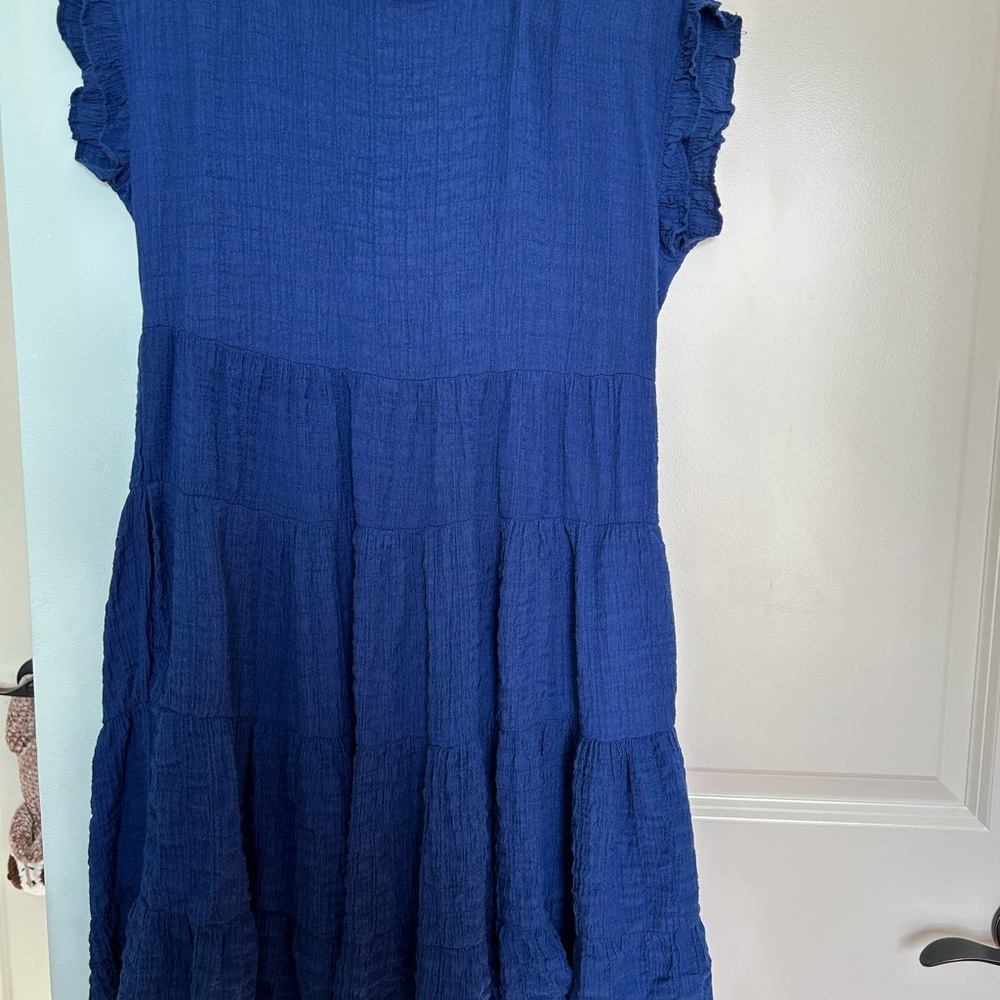 Blue Casual Sundress with Tiered Skirt and Flutter Sleeves